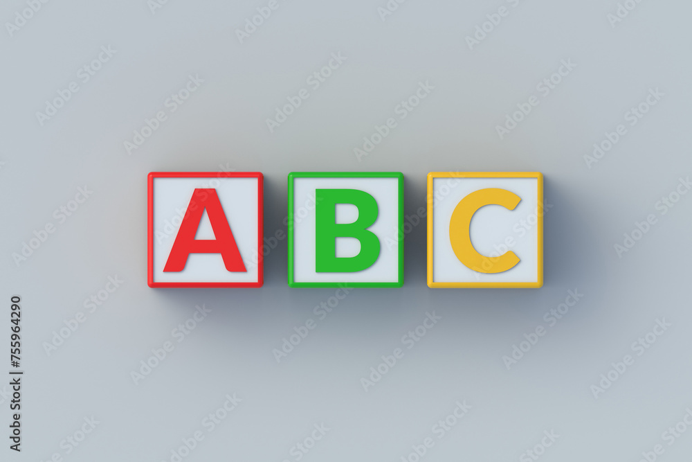 Row of ABC cubes on gray background. Letter blocks for preschool education. Learning alphabet. 3d render Row of ABC cubes on gray background. Letter blocks for preschool education. Learning alphabet. 3d render