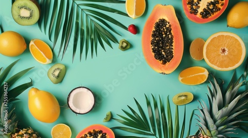 Colorful assortment of tropical fruits on blue background. Great for healthy eating concept.