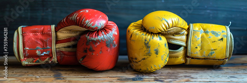 A collection of vintage boxing gloves arranged on a wooden surface photo