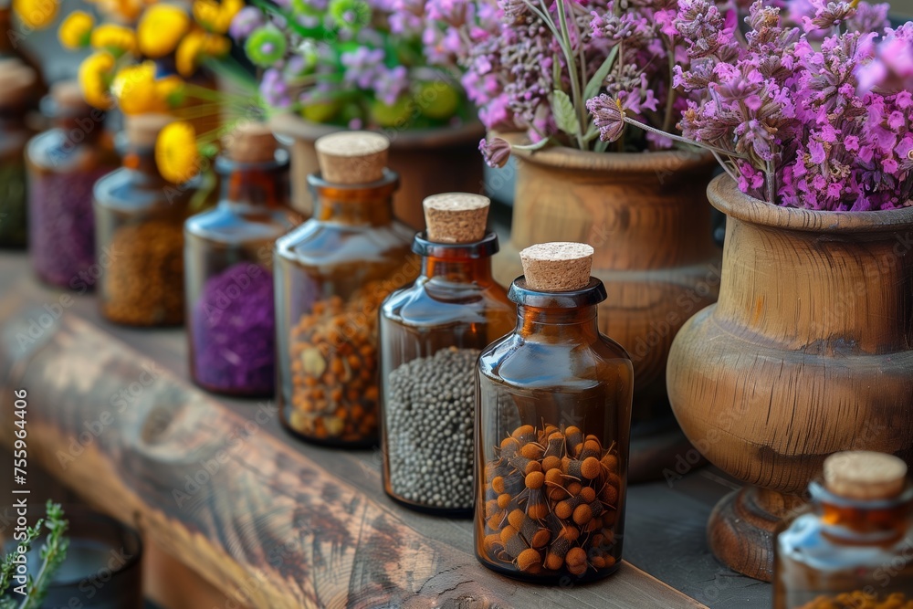 an apothecary shelf with many bottles filled with holistic medicine, tablets, capsules and pills an apothecary shelf with many bottles filled with holistic medicine, tablets, capsules and pills
