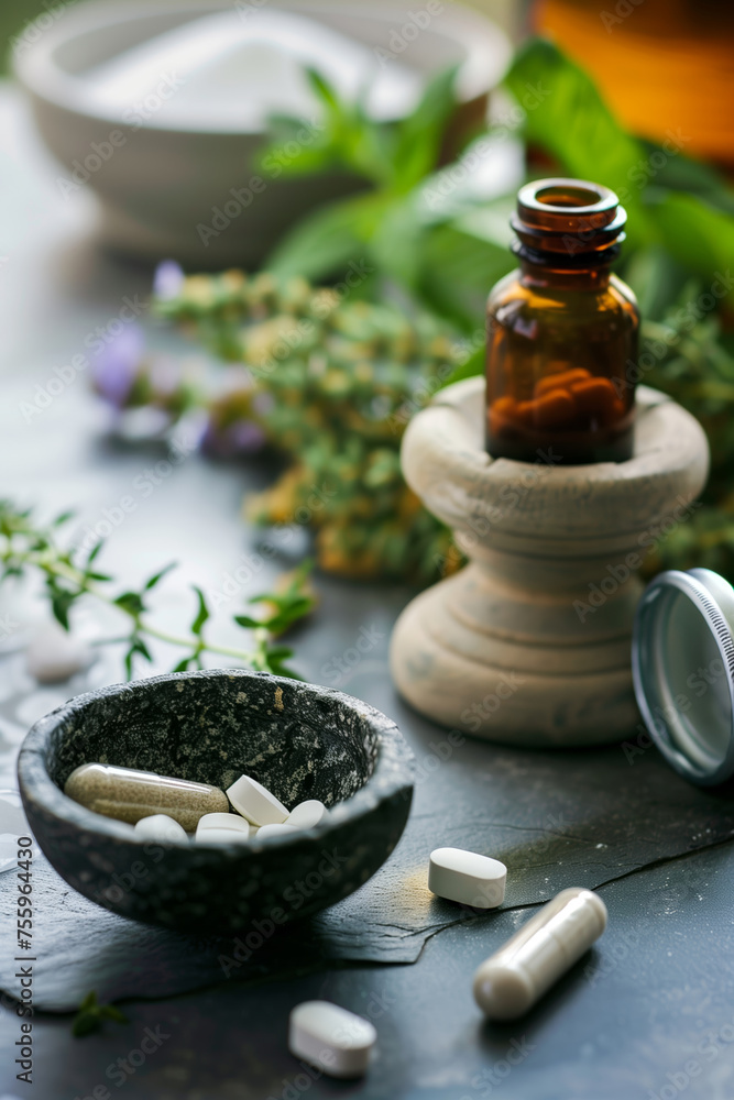 natural holistic medicinal ingredients and capsules in a bowl natural holistic medicinal ingredients and capsules in a bowl