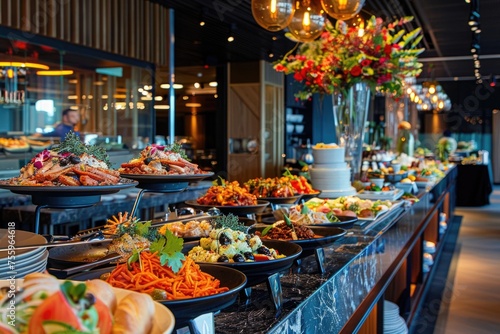 A colorful and diverse buffet display with a plethora of plates filled with delicious and enticing food options