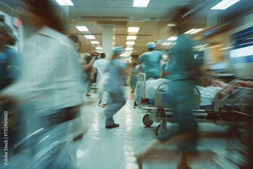 A group of dedicated healthcare professionals rush through a blurry hospital setting, attending to patients and managing the chaos of the emergency room with urgency and focus photo