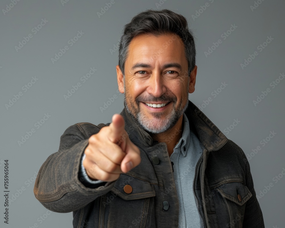 A man pointing at the camera with a smile. A man pointing at the camera with a smile.