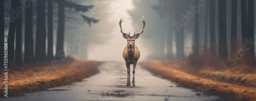 deer standing proudly on a forest misty road © Alena