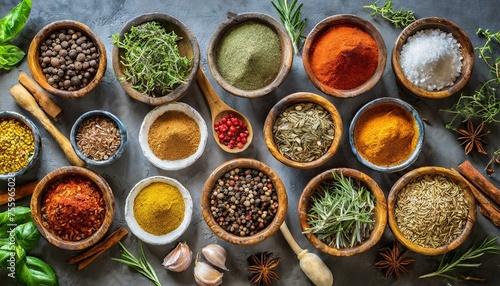 Colorful different herbs and spices for cooking on dark background top view