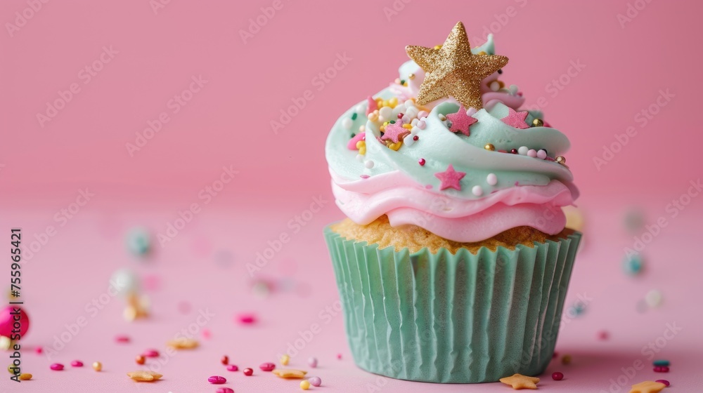 Delicious cupcake with colorful frosting and sprinkles on a pink surface. Perfect for bakery or dessert concepts. Delicious cupcake with colorful frosting and sprinkles on a pink surface. Perfect for bakery or dessert concepts.