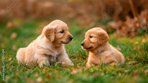 two golden retriever puppies playing in a garden