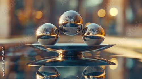 A group of spheres resting on a glass table. Suitable for interior design concepts.