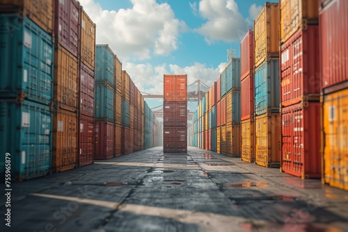 A stack of shipping containers in the port . Freight transportation in the container logistics industry