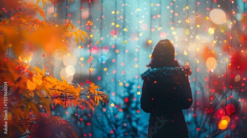 Dreamy winter scene with woman gazing at sparkling lights. atmospheric night photography, perfect for holiday backgrounds and festive wallpapers. magical, enchanting mood in a snowy park. AI © Irina Ukrainets