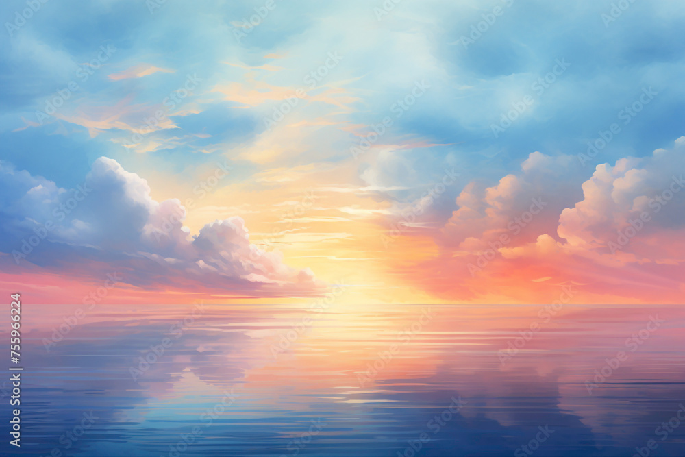 Tranquil morning with a dynamic sunrise gradient painting the sky.