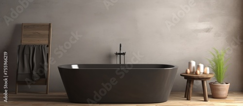 A bathroom featuring a black bathtub, candles, and a mirror with hardwood flooring, metal ceiling, and symmetrical layout. Perfect for still life photography events