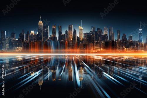 A fluid motion shot of a city skyline transitioning from daytime to nighttime  emphasizing energy use