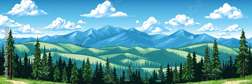 Painting showing mountain range with lush trees
