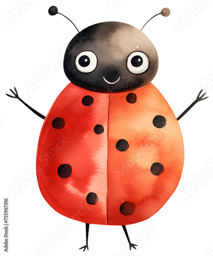 Watercolor illustration of a cartoon ladybug. Naive simple scandinavian style insects. Cute animals. Transparent background, png © Bonbonny