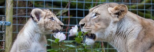 A pair of lions standing side by side in the savannah