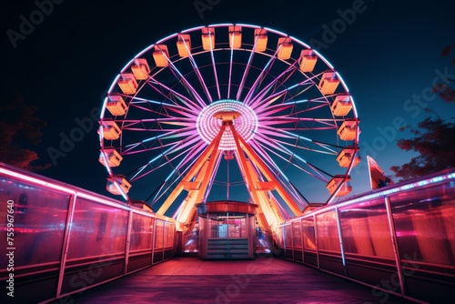 A neon lit ferris wheel at an amusement park