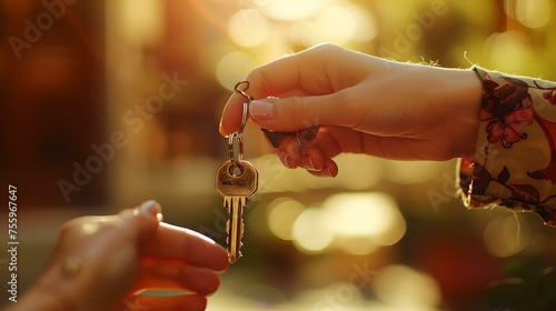 Close-up handoff of a key in warm light. symbolizing trust, agreement, real estate transaction. casual style, everyday life concept. AI