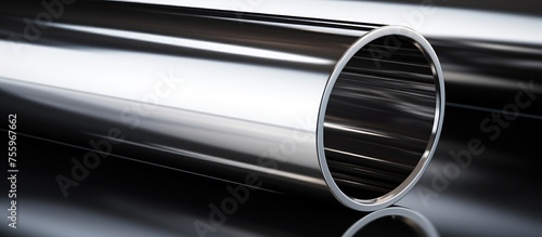 A closeup of a stainless steel pipe on a table, showcasing elements of automotive design such as grille, hood, rim, and bumper. The sleek exterior design hints at a highperformance vehicle