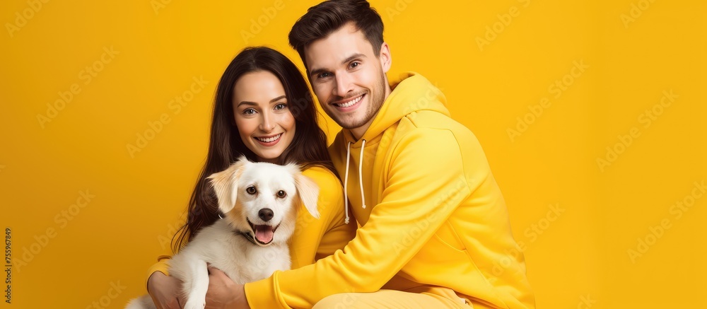 A man and a woman are sitting together with a yellow carnivore dog. They look happy and comfortable with their companion dog, enjoying the fun event