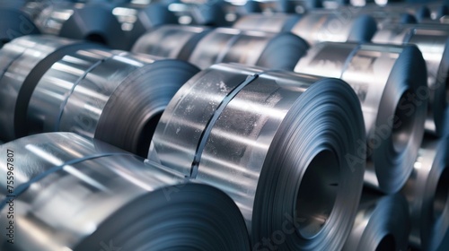 Rows of steel rolls stored in a warehouse, suitable for industrial concepts.
