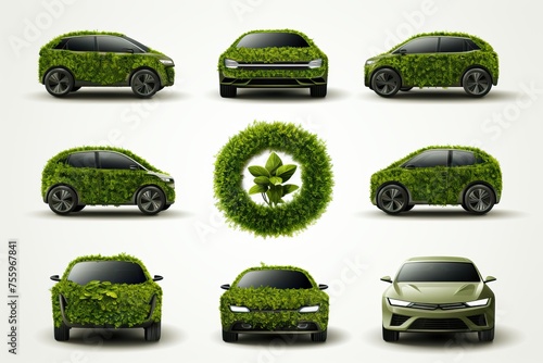 Set of cars icons with grass texture isolated on white background photo