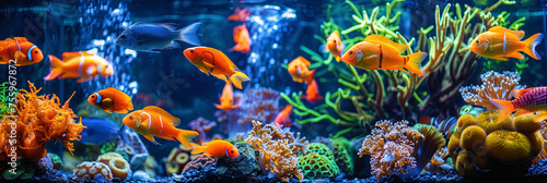 A large aquarium teeming with vibrant and diverse fish species swimming gracefully