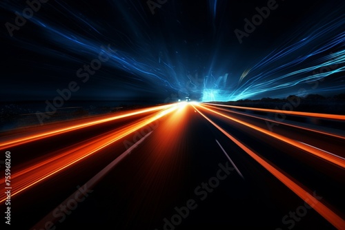 An abstract image of a speeding car's blurred lights on a night highway