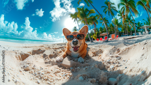 A corgie on the beach, dog is ready for holidays © HUMANIMALS