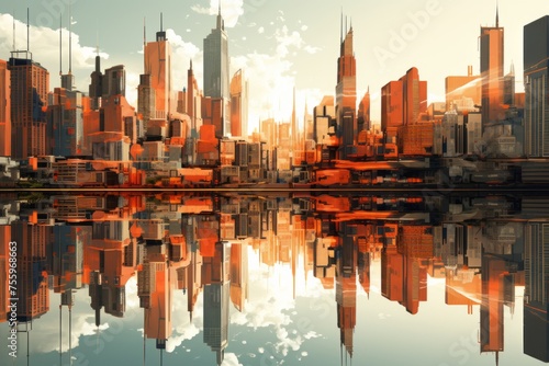 An artistic rendering of a distorted city skyline, emphasizing skyscrapers' height