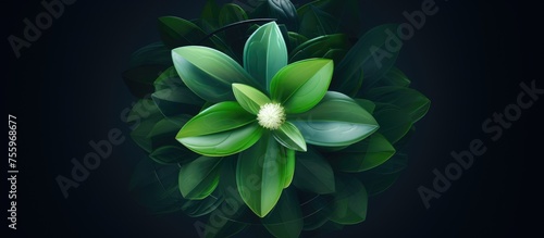 A terrestrial plant with green petals and a white center sits among green leaves on a dark background. This herbaceous plant is showcased in macro photography