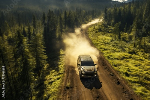 A big SUV is moving on the road through the forest. Travel by car with picturesque scenery. © Niko_Dali