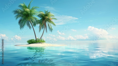 Tropical island with two palm trees on the ocean. Ideal for travel and vacation themes.