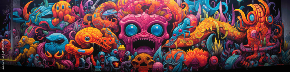 Marvel at the intricate designs and vibrant colors of a psychedelic street art mural. Marvel at the intricate designs and vibrant colors of a psychedelic street art mural.