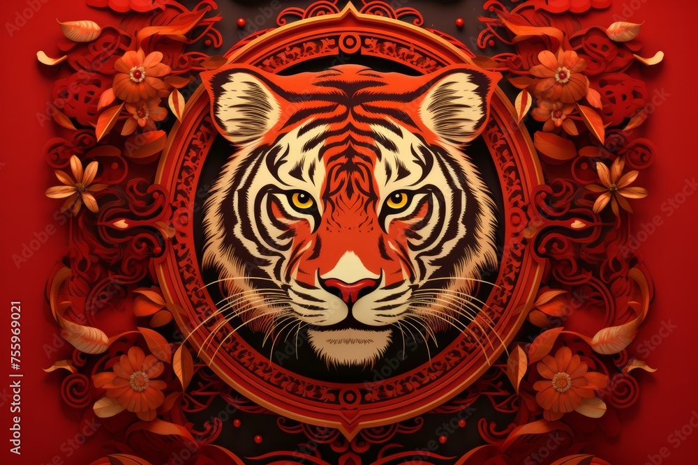 Fototapeta premium Detailed tiger zodiac design on a red background