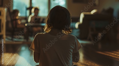 Child in silhouette watching adults in a room  altered by AI  intimate and candid style captures ephemeral childhood moments. AI