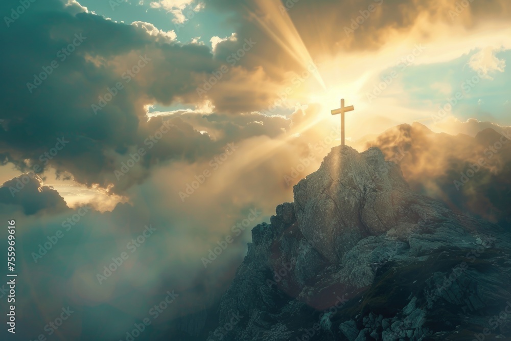A cross stands atop a mountain peak, surrounded by clouds. Suitable for religious concepts or spiritual themes. - obrazy, fototapety, plakaty 