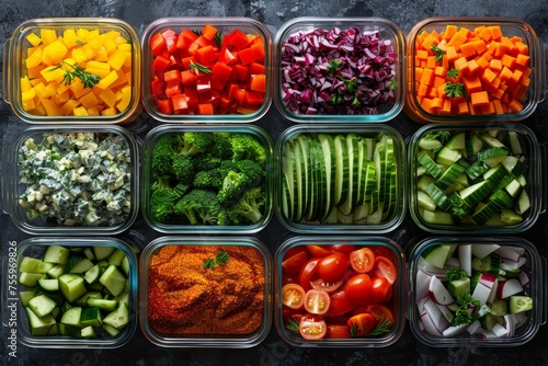 Assorted diced and sliced fresh vegetables neatly organized in glass meal prep containers on a dark counter