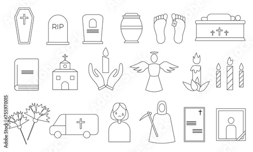 Set of funeral icons. Simple set of icons in line art style. Vector illustration