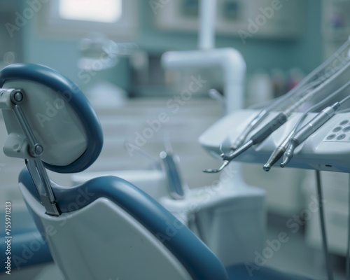 Detailed view of a dental chair with various dental tools displayed and ready for use in a clinical setting.