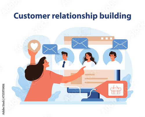 Customer Relationship Building Illustration. A marketer connects with clients using digital tools.