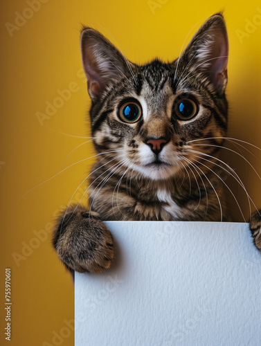 Curious Cat Peeking over Blank Sign