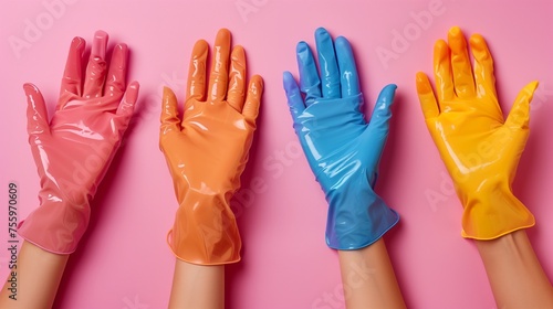 Photo of 4 female hands wearing glossy rubber gloves of different colors, AI generated photo