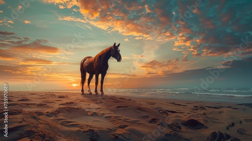 A majestic horse standing on a sandy beach. Perfect for nature or animal themed projects.