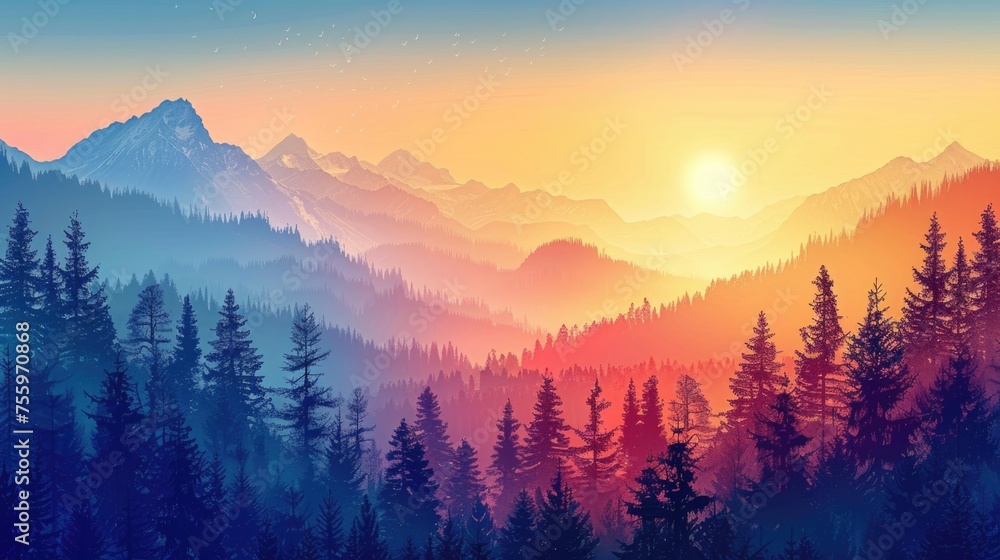 Scenic sunset over a beautiful mountain range, perfect for travel websites.
