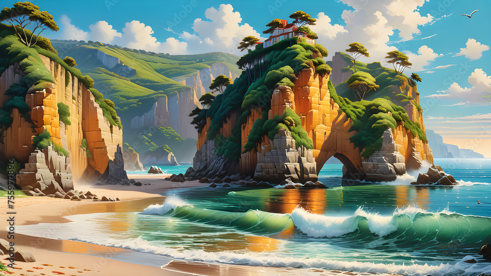 Obraz premium cliff,beach,seaside,scenery,cozy,atmosphere,Generative AI