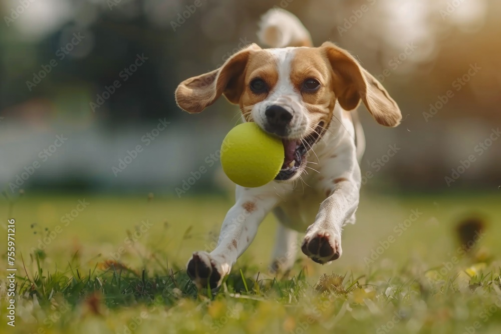 A dog joyfully running with a tennis ball. Suitable for pet and sports-related projects.