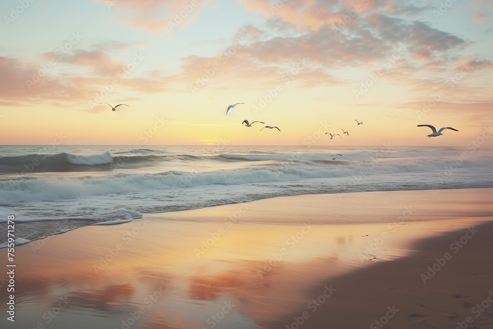 Fototapeta premium A peaceful beach at dawn, with gentle waves and seagulls