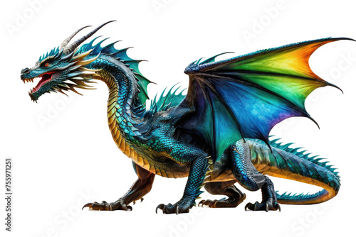 Dragon, vivid colors, full body, isolated against a pure white background, stock photo style, natural light, scales glistening with a hint of iridescence, creature appears majestic and powerful © ramses